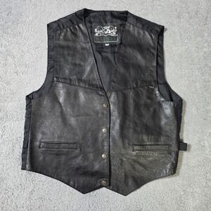 Satrel Mens Medium Leather Vest Black Biker Western Moto Cinch Back 4221